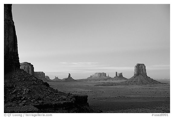 Buttes and Mesas from North Window, dusk. Monument Valley Tribal Park, Navajo Nation, Arizona and Utah, USA (black and white)