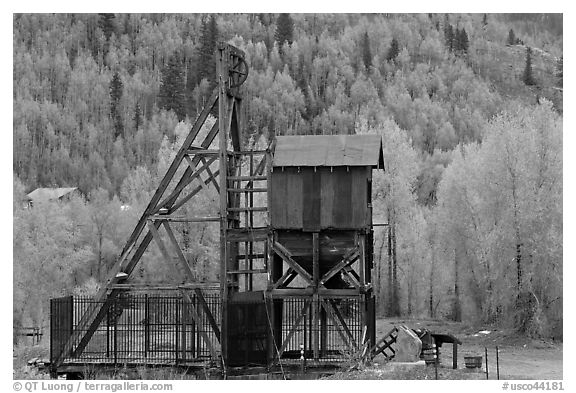 Mining structure and hillside with aspens. Colorado, USA (black and white)