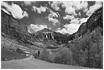 Road, aspens and Ajax peak in spring. Telluride, Colorado, USA (black and white)