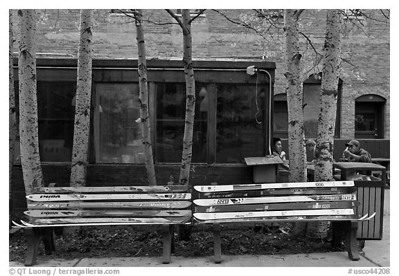 Public benches made of old skis. Telluride, Colorado, USA