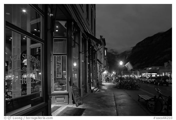 Main street by night. Telluride, Colorado, USA (black and white)