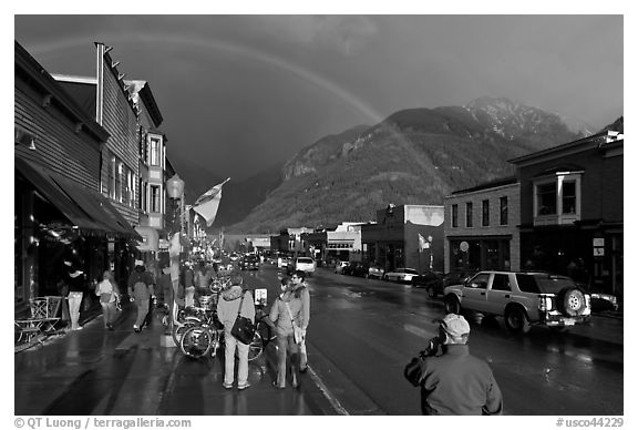 Colorado street with stormy sky and rainbow. Telluride, Colorado, USA