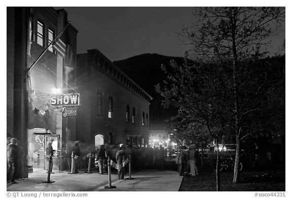 Sheridan opera house entrance by night. Telluride, Colorado, USA (black and white)
