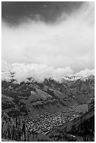 Valley and town seen from above in spring. Telluride, Colorado, USA ( black and white)