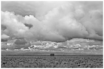 Lonely house on plain under clouds. Colorado, USA (black and white)