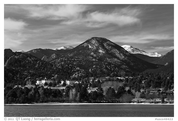 View of Estes Park across Lake Estes. Colorado, USA (black and white)