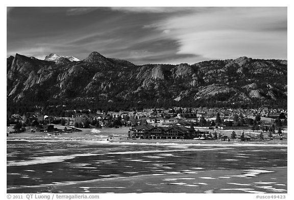 Partly thawed Lake Estes, Estes Park. Colorado, USA (black and white)