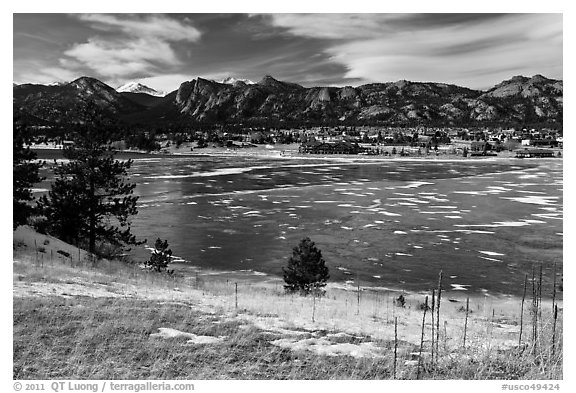 Estes Lake and Estes Park in late winter. Colorado, USA (black and white)