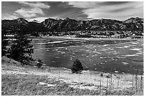 Estes Lake and Estes Park in late winter. Colorado, USA ( black and white)