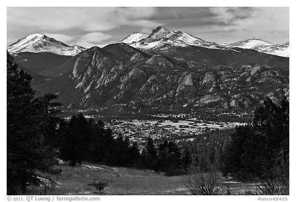 View of town nested below Rocky Mountains, Estes Park. Colorado, USA