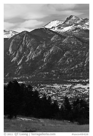 Estes Park, valley, and mountains. Colorado, USA (black and white)