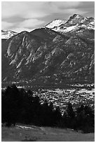 Estes Park, valley, and mountains. Colorado, USA (black and white)