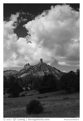 Afternoon clouds over rocks. Chimney Rock National Monument, Colorado, USA (black and white)