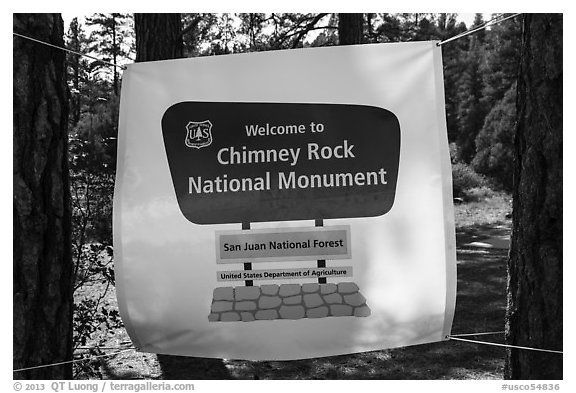 Temporary sign after new designation. Chimney Rock National Monument, Colorado, USA (black and white)