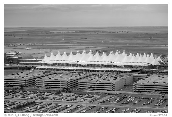 Aerial view of Denver International Airport main concourse. Colorado, USA (black and white)