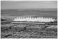 Aerial view of Denver International Airport main concourse. Colorado, USA (black and white)