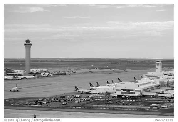 Aerial view of Denver International Airport terminal and control tower. Colorado, USA (black and white)