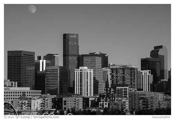 City skyline and moon. Denver, Colorado, USA (black and white)