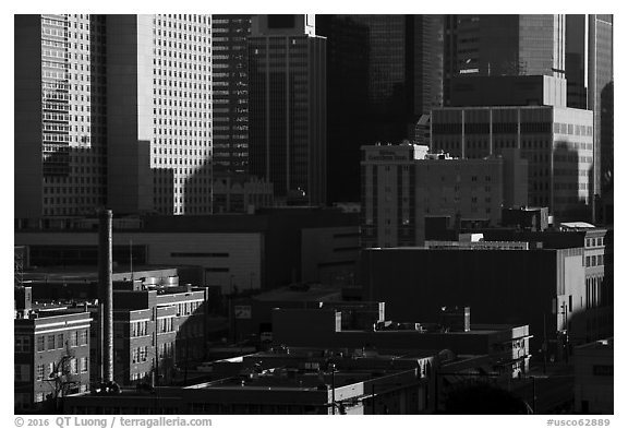 Brick buildings and downtown high-rises detail. Denver, Colorado, USA (black and white)