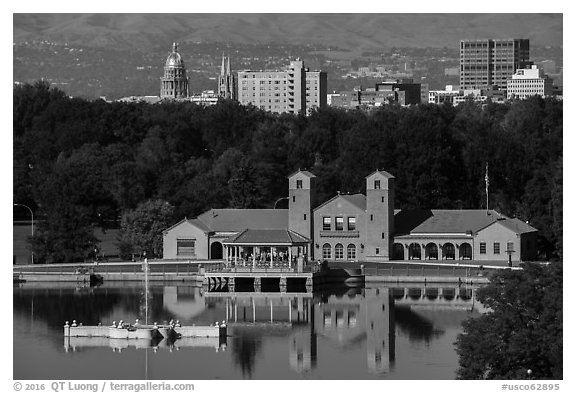 City Park Pavilion and skyline with capitol and cathedral. Denver, Colorado, USA (black and white)