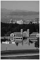 City Park Pavilion, city skyline, and mountains. Denver, Colorado, USA ( black and white)