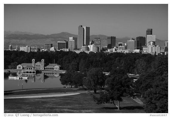 City Park, skyline, and Rocky Mountains. Denver, Colorado, USA (black and white)