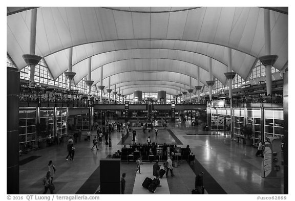 Main concourse, Denver International Airport. Denver, Colorado, USA (black and white)