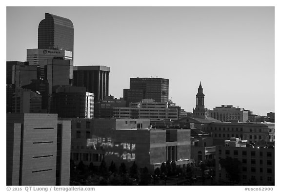City skyline at sunrise. Denver, Colorado, USA (black and white)