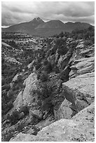 Sand Canyon and Sleeping Ute Mountain. Canyon of the Ancients National Monument, Colorado, USA ( black and white)