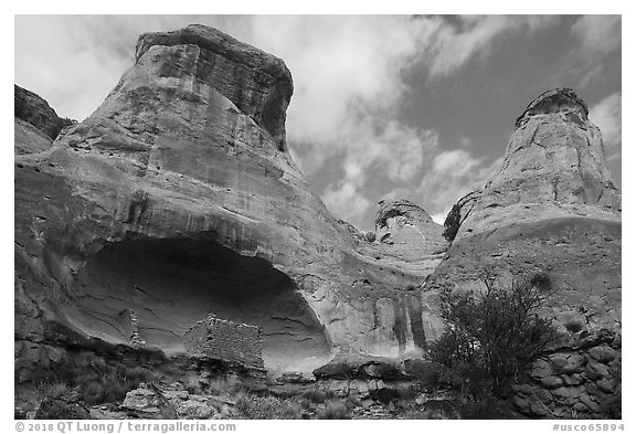 Saddlehorn Pueblo with spire of rock above the alcove. Canyon of the Anciens National Monument, Colorado, USA (black and white)