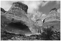 Saddlehorn Pueblo with spire of rock above the alcove. Canyon of the Ancients National Monument, Colorado, USA ( black and white)