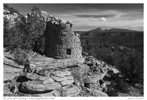 Painted Hand Pueblo tower and landscape. Canyon of the Anciens National Monument, Colorado, USA (black and white)