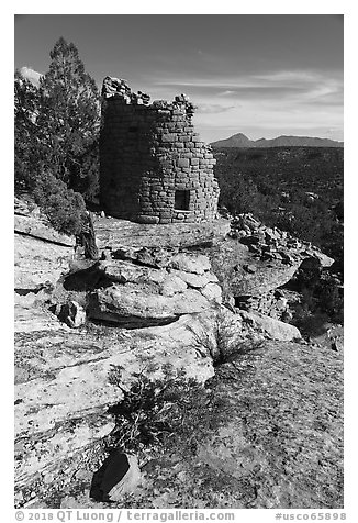 Tower, Painted Hand Pueblo tower. Canyon of the Anciens National Monument, Colorado, USA (black and white)
