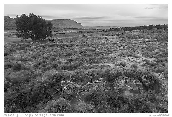Aerial view of Lower House. Yucca House National Monument, Colorado, USA (black and white)