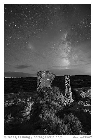 Milky Way over Tower Point at night. Hovenweep National Monument, Colorado, USA (black and white)