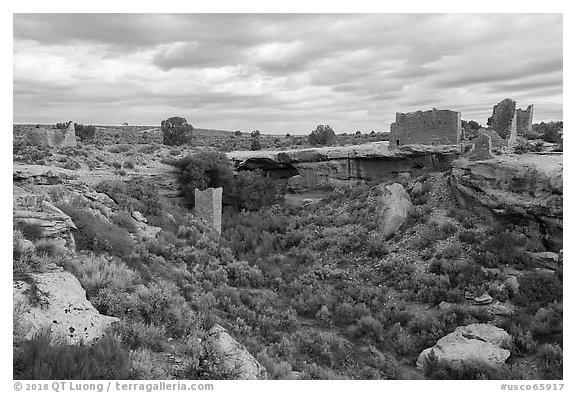Little Ruin Canyon with Square Tower and Hovenweep House. Hovenweep National Monument, Colorado, USA (black and white)