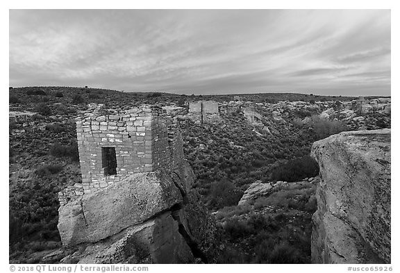 Stronghold House and Little Ruin Canyon, sunrise. Hovenweep National Monument, Colorado, USA (black and white)