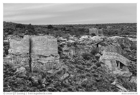 Twin Towers, Hovenweep House, and Eroded Boulder House. Hovenweep National Monument, Colorado, USA (black and white)