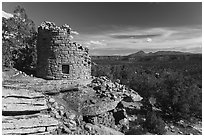 Painted Hand Pueblo tower and landscape. Canyon of the Ancients National Monument, Colorado, USA ( black and white)