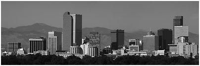 Skyline with Rocky Mountains. Denver, Colorado, USA (Panoramic black and white)