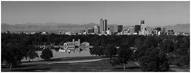 Skyline with City Park. Denver, Colorado, USA (Panoramic black and white)