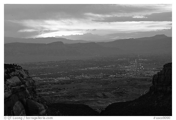 Lights of Grand Junction at dawn. Colorado National Monument, Colorado, USA (black and white)