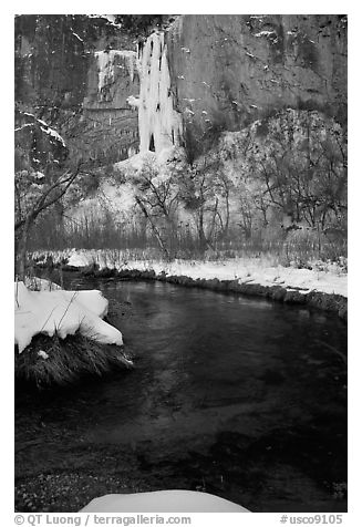 Creek and Frozen waterfall, Riffle Canyon. Colorado, USA (black and white)