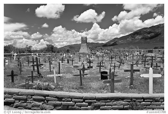 Cemetery and old church. Taos, New Mexico, USA (black and white)