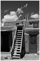 Ladder used to access upper floor of pueblo. Taos, New Mexico, USA (black and white)