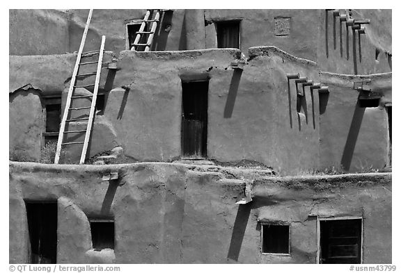 Detail of ancient earthen homes of Native Americans. Taos, New Mexico, USA (black and white)