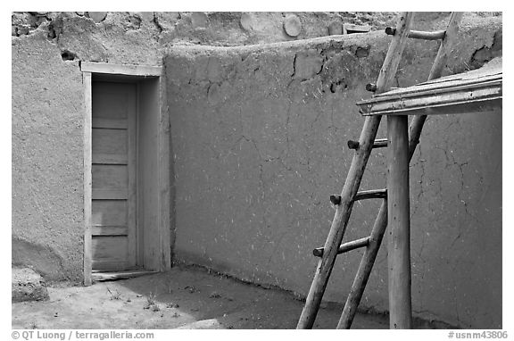 Blue door and ladder. Taos, New Mexico, USA (black and white)