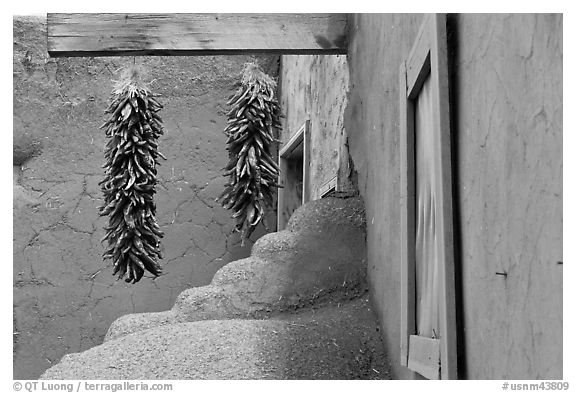 Ristras, adobe walls, and blue window. Taos, New Mexico, USA (black and white)