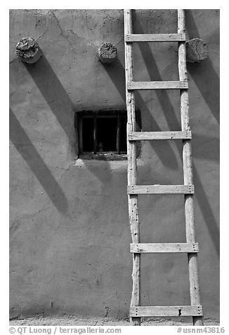 Ladder, Vigas, and blue window. Taos, New Mexico, USA