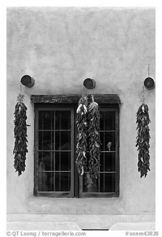 Ristras hanging from vigas and blue window. Taos, New Mexico, USA (black and white)